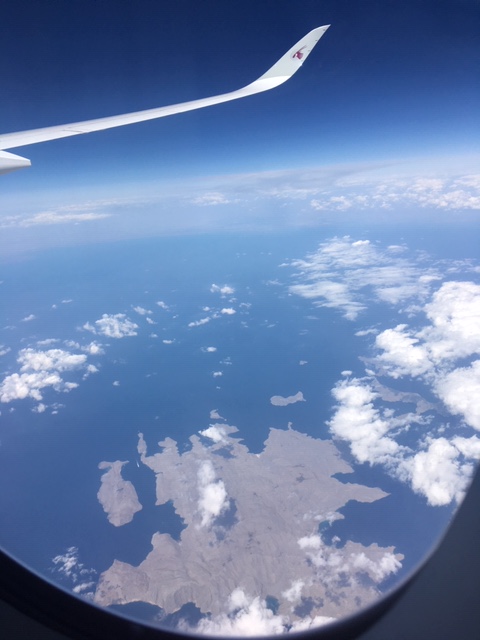 A view over the Strait of Hormuz used for world risk and shipping coverage.