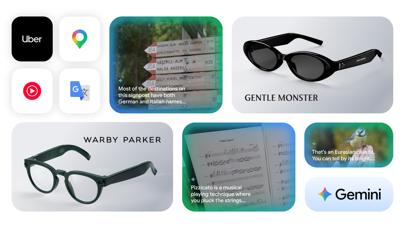 Official Google artwork previewing Android XR intelligent eyewear from Gentle Monster and Warby Parker.