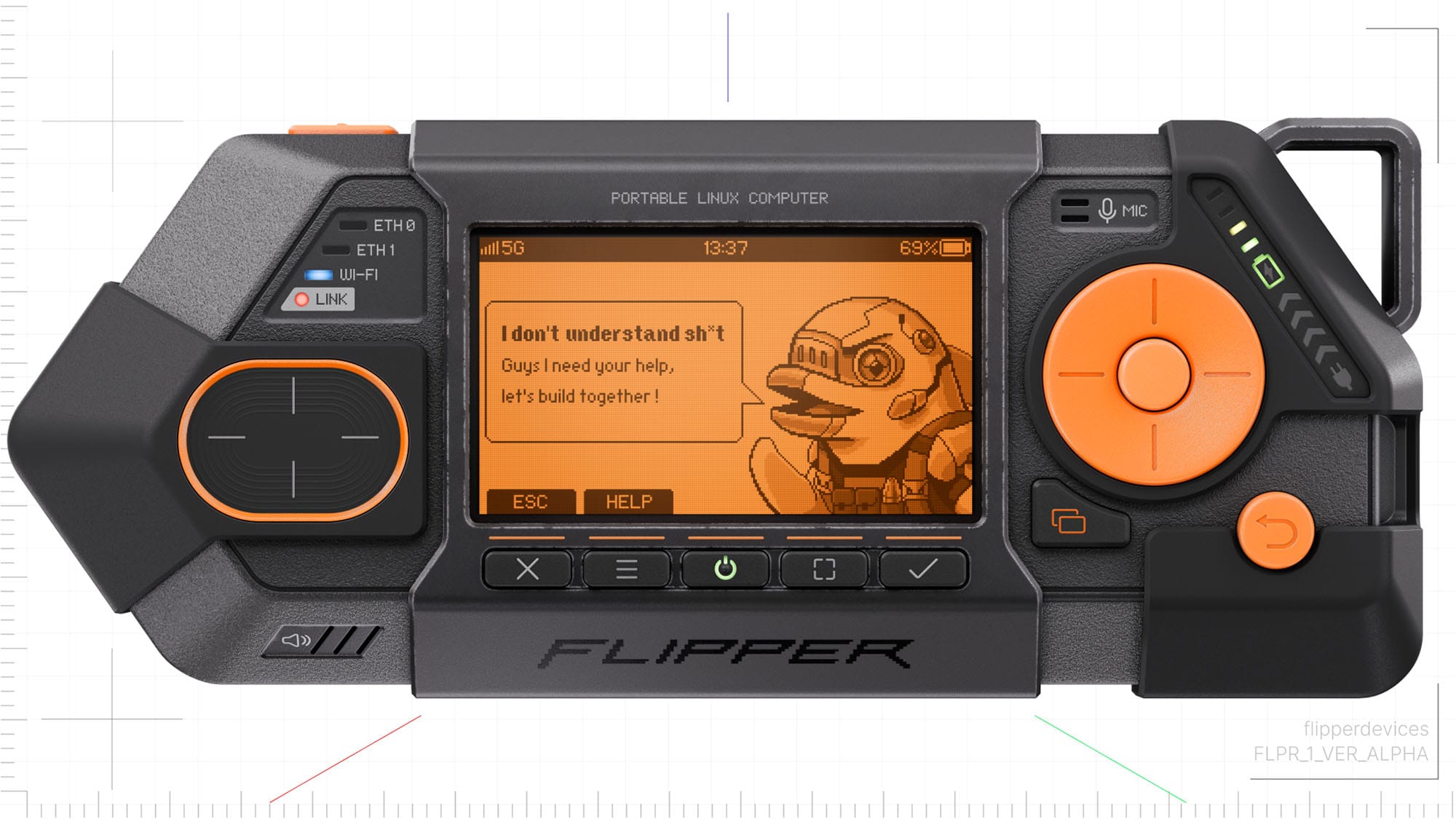 Official Flipper One hero image showing the in-development pocket Linux computer and its display.